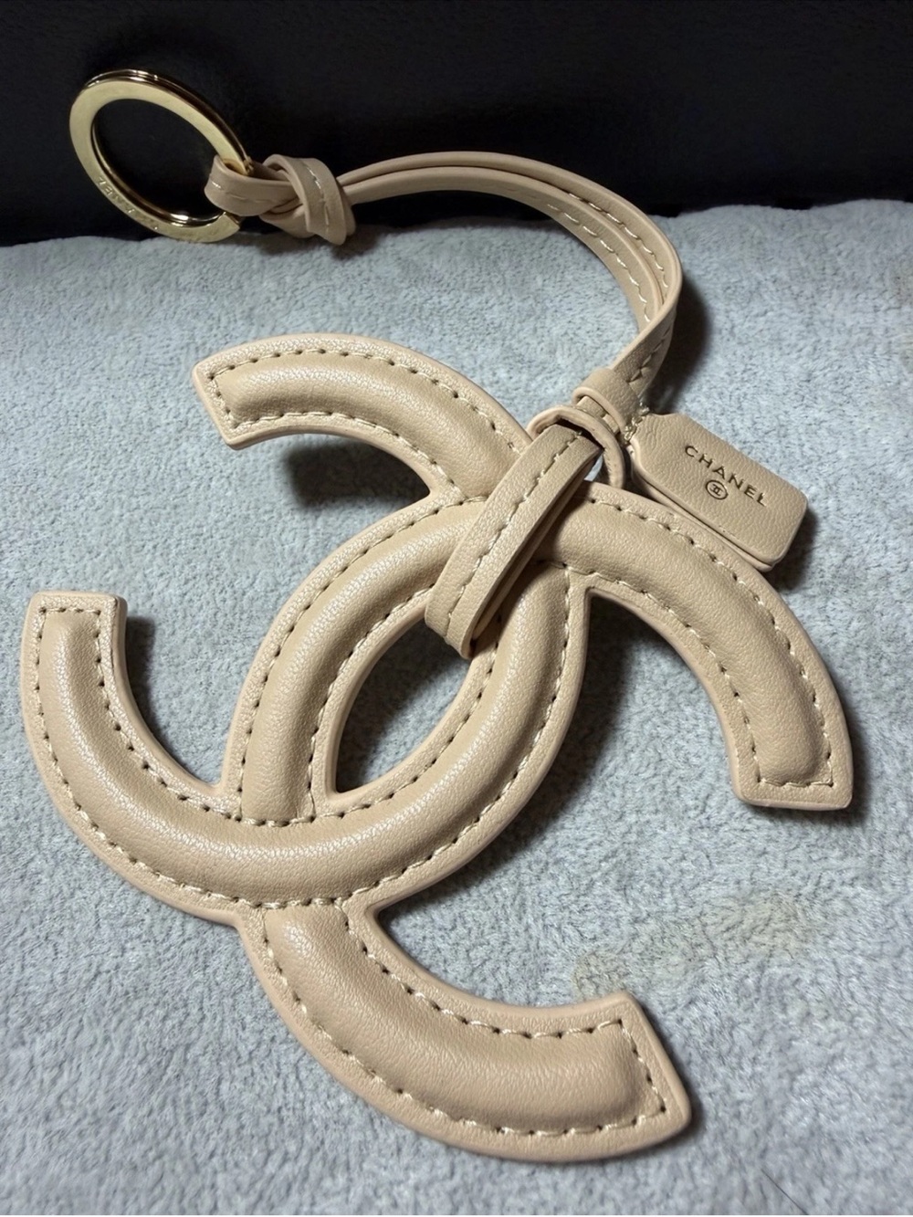 CHANEL Beige Leather CC Logo Key Holder Charm with Gold Ring